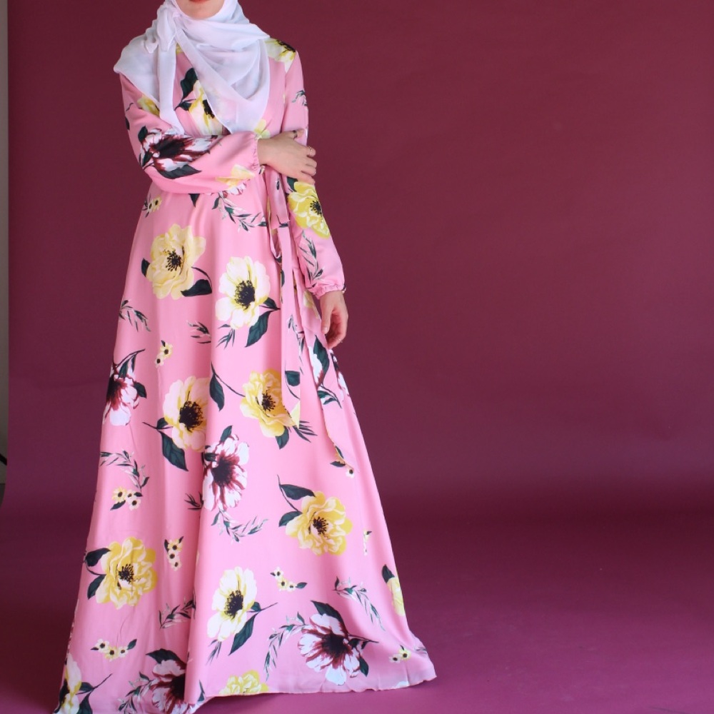 Bubble gum pink long sleeve floral maxi dress